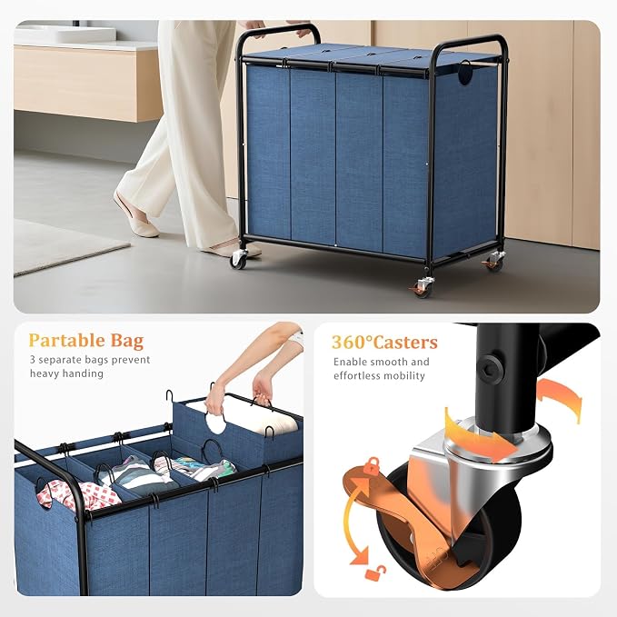Laundry Sorter 4 Sections 48 Gal, Rolling Laundry Basket with Wheels ＆ Lid | Laundry Hamper, 4 Separated Removable Bags, Lockable Wheels, Dirty Clothes Hamper for Laundry Room Organizer, Blue