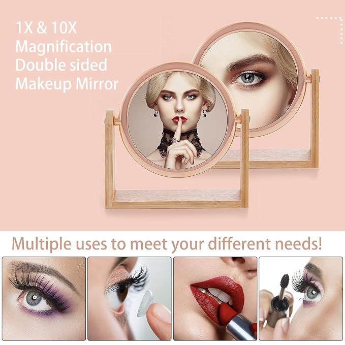 YEAKE Double Sided 10X Magnifying Makeup Mirror with Bamboo Stand,Small Desk Table Mirror with 360° Rotation,Standing Portable Cosmetic Mirror,Good for Shaving,Traveling(Rose Gold,Round)