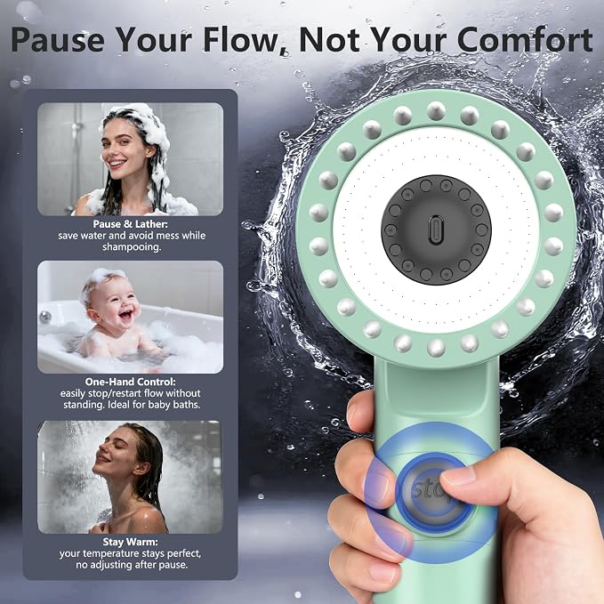 Filtered Shower Head with Handheld, High Pressure Water Flow and Multiple Spray Modes Shower Head with Filter, Power Wash for Hard Water, Showerhead with ON/OFF Switch for Pets Bath (Green) | ON/OFF Switch,4 Spray,Built-in Power Wash,Detachable Showerh...