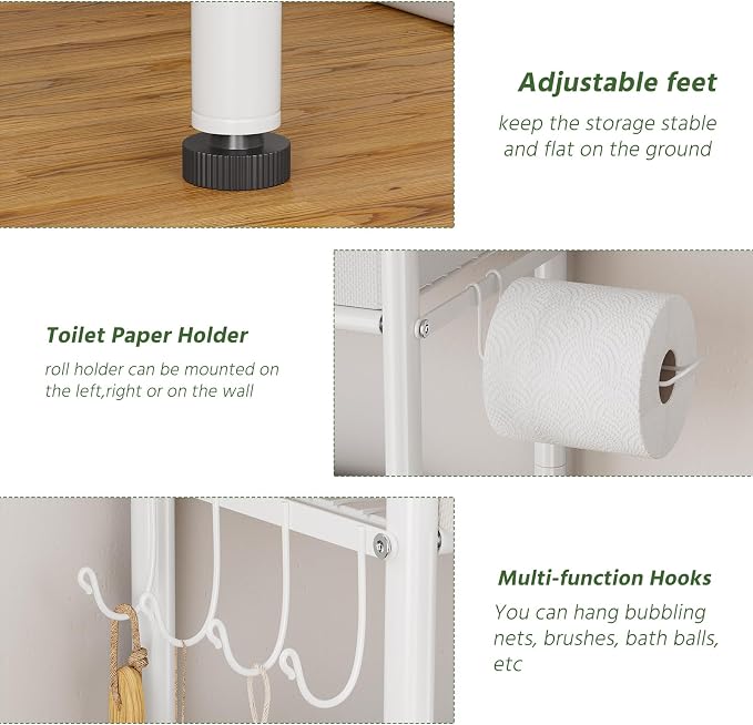 Simple Trending Over The Toilet Storage Rack with Drawers, Metal 3 Tier Bathroom Organizer Shelf with Paper Holder and 3 Hooks, White