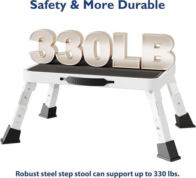 BONTEC Folding Step Stool, 3-Level Adjustable Metal Step Stool, 330lbs | Heavy Duty Folding Foot Stool with Anti-Slip Pedal and Locking Legs, Portable Stepping Stool for Kids, Kitchen, Home, White