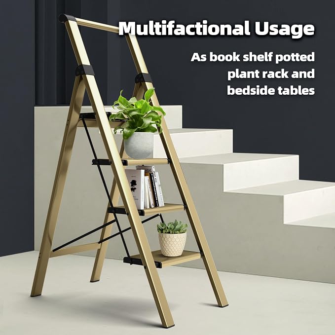 HillhutApex Aluminum 4 Step Ladder, Step Stool Foldable Ladder(Gold) | Stepladder with Handgrip,Anti-Slip Pedals,330lbs Capacity,Lightweight Folding Ladder for Home,Office,Libaray