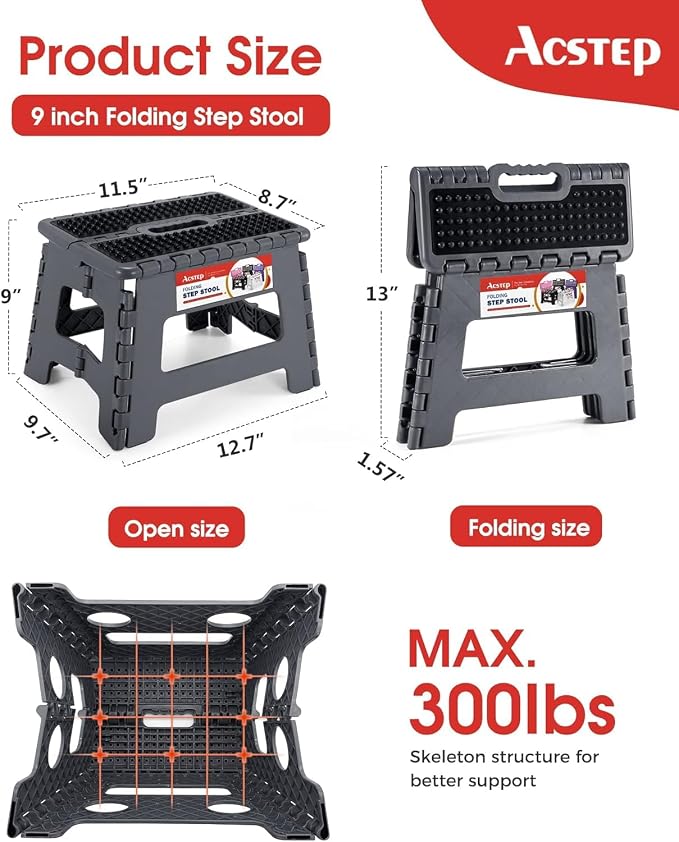 Folding Step Stool 9 inch Height Non-Slip Plastic Step Stools for Kids and Adults, Kitchen Collapsible Fold Up Small Stepping Stool Grey,1 Pack | Portable Foldable Stools, Heavy Duty Collapsible Foot Stool, Holds 300 lb for Adults Kitchen Bathroom Outd...