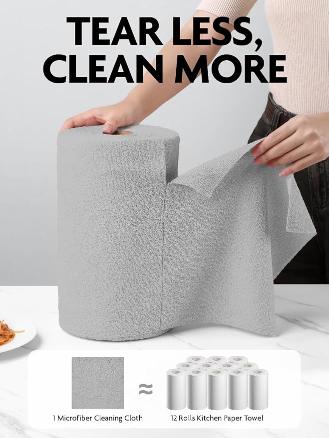 Fantasticlean Microfiber Cleaning Cloth Rolls- 675 Sheets (9 Rolls of Grey) | 12'' by 12'', Super Absorbent, Lint-free, Tear-away Microfiber Towel Roll, for All-Purpose Cleaning