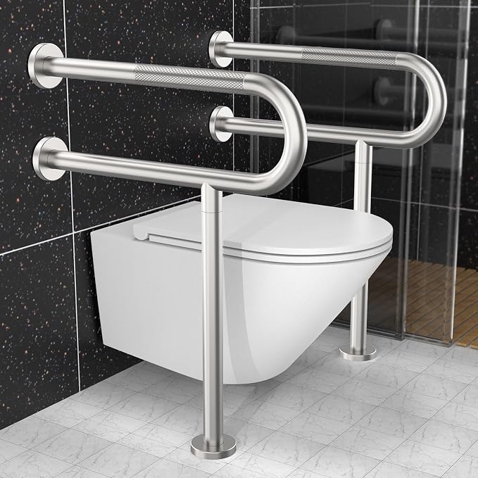 24 Inch Toilet Support Rail, Munzong Brushed Nickel Handicap Grab Bar | Anti-Slip Stainless Steel Knurled Safety handrails with Leg for Elderly Disabled Pregnant-1.25’Tube