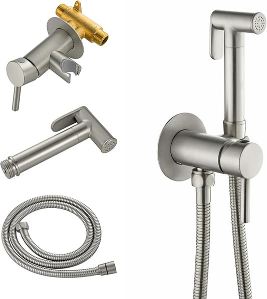 Warm Water Bidet Sprayer for Toilet with Hot and Cold Brass Rough-in Valve, Stainless Steel Round Handheld Bidet Attachment Set for Feminine, Pets and Baby Diaper Wash, Brushed Nickel