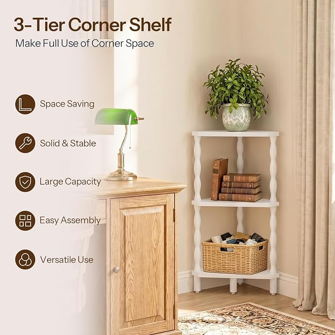 HOOBRO 3-Tier Corner Shelf, Wooden Corner Bookshelf for Small Space, Stylish Corner Storage Display Shelves for Living Room, Kitchen, Office White WT193CJ01