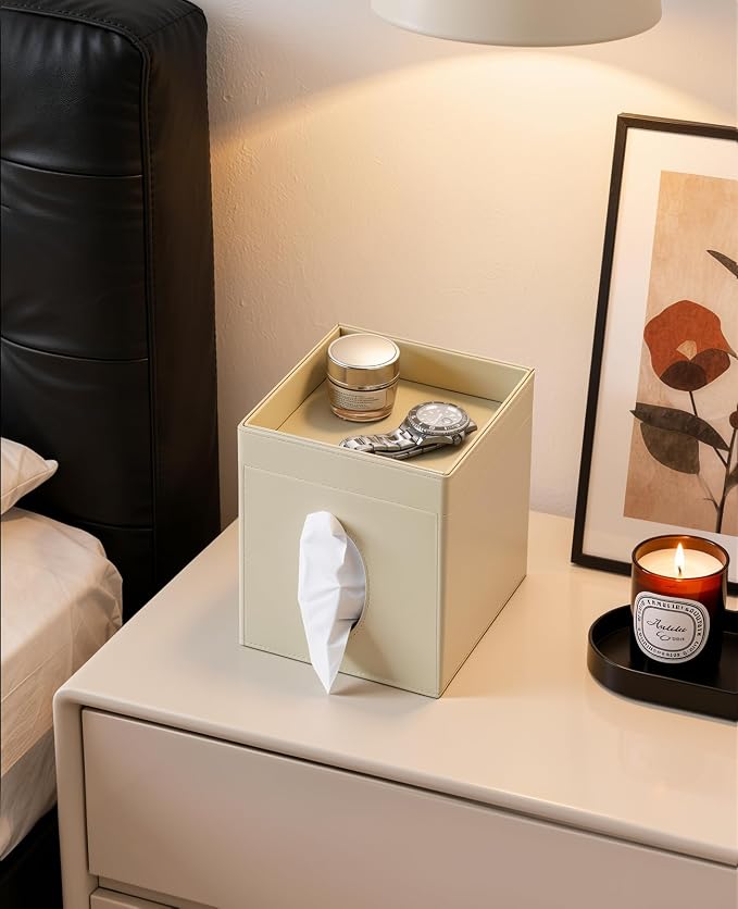 Luxspire Square Tissue Box Cover, Leather Holder with Storage Tray, Khaki | PU Leather Material, Includes Storage Tray, For Living Room, Bedroom, Stylish Addition, Durable and Waterproof, Easy to Clean