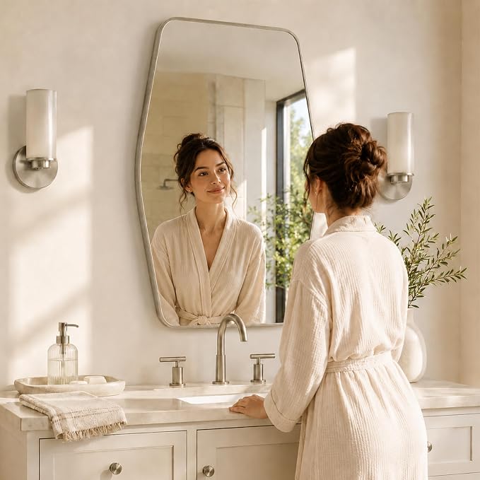 Brushed Nickel Tapered Rectangle Bathroom Mirror, 24x36 Inch | Aluminum alloy frame, tempered glass, two-way keyhole mount, for bedroom, hallway, console