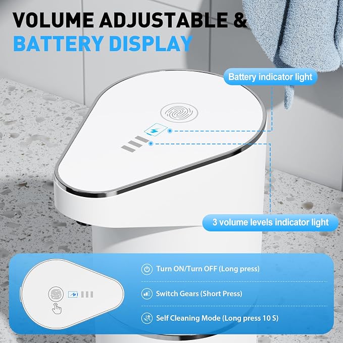 Fantictas Automatic Foam Soap Dispenser, 3 Levels for Kitchen and Bath | For Foaming Soap, 0.25s Foam Output, Type-C Charging, 90-day use, Wall Mountable, IPX5 Waterproof, 350ML, White Foam