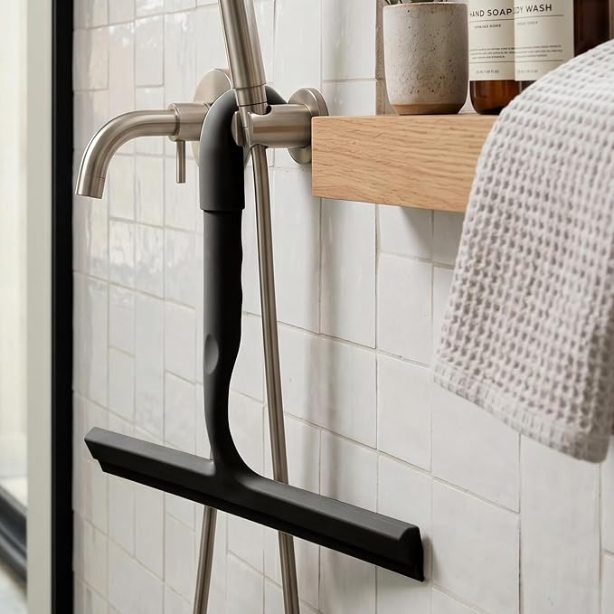 Shower Squeegee for Glass Doors, 10-Inch Silicone, Fishtail Hook, Black | One-Piece Silicone Squeegee for Shower Glass, Fishtail Hook, Non-Slip Grip, Quiet Glide; Tile, Mirrors, Windows & Car Glass