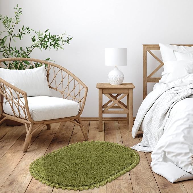 YIRDDEO Oval Rug for Bathroom, Cute Boho Bath Mat with Pom, Olive Green | Soft Plush, Absorbent, Quick Dry, Machine Washable, Non Slip Bath Mat for Bathroom Shower Floor Home Decor