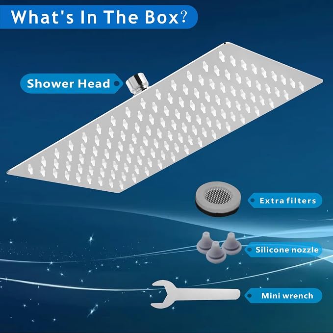 Voolan Extra Large Rain Shower Head - High Flow Square Rainfall Showerhead - Waterfall Full Body Coverage - Universal Ceiling or Wall Mount (16 * 12 Inch Rectangle, Chrome)