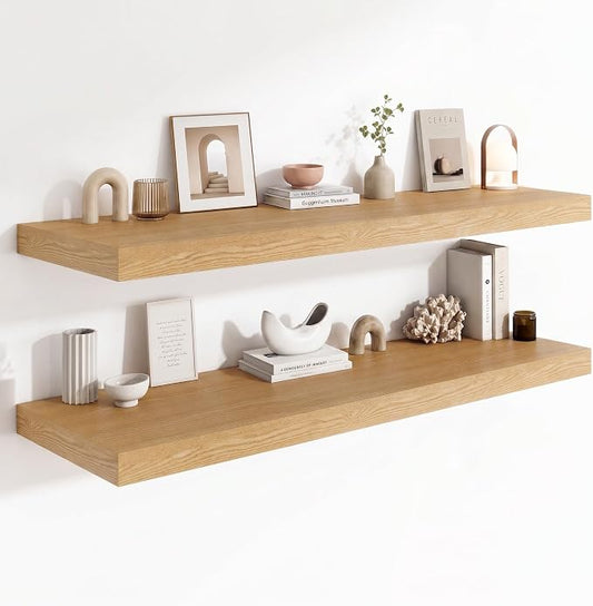 12 Deep Floating Shelves for wall,55 Inch Extra Long Large Wall Shelves Set of 2,2 Inch Thick Heavy Duty Floating Wall Mounted Shelves,Floating Shelf for Fireplace Mantel,Oak Color