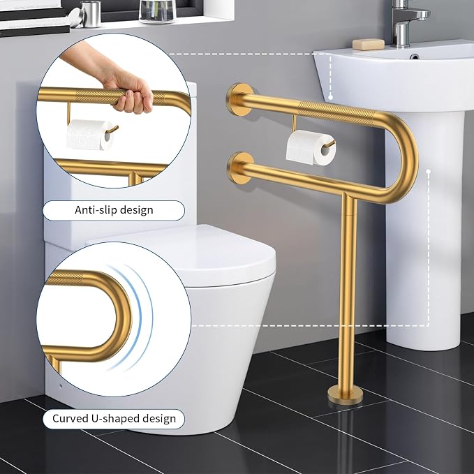 ZUEXT 24x28 Inch Gold Knurled Toilet Grab Bar with Toilet Paper Holder | Wall to Floor, Anti-slip Handicap Grab Bar, Stainless Steel Bathroom Support Rail with Leg, For Elderly Disabled Pregnant