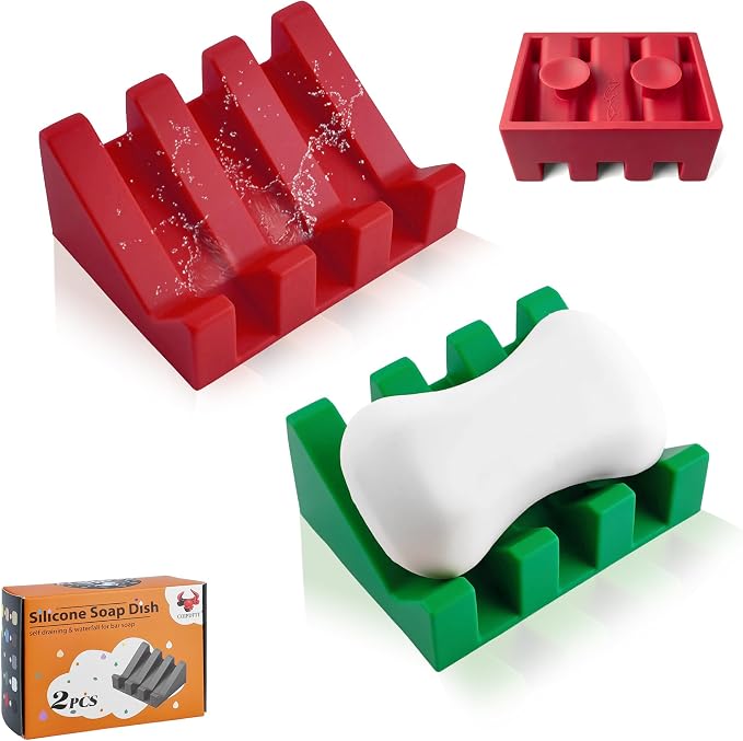 Soap Dish Holder for Shower with Suction Cup, Silicone Soap Holder & Saver Self-Draining Bar Soap Dish Keeps Soap Dry for Bathroom, Kitchen, Bathtub (Red+Deep Green,2-Pack)