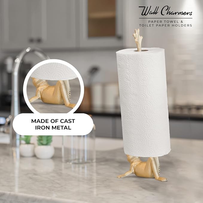 Gold Paper Towel Holder, Metal Toilet or Kitchen Paper Holder for Floor or Countertop, Gold Frog | 18.6 inch tall gold cast iron hand towel holder for kitchen countertop or bathroom with weighted base, no assembly