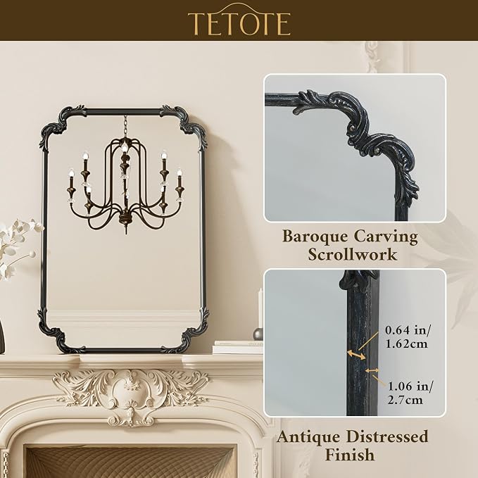 Baroque Antique Black Scroll Wall Mirror 42 x 36 Vintage Rectangle Framed Baroque French Rectangular Mirror for Mantle Fireplace Bathroom Living Room, Horizontal/Vertical