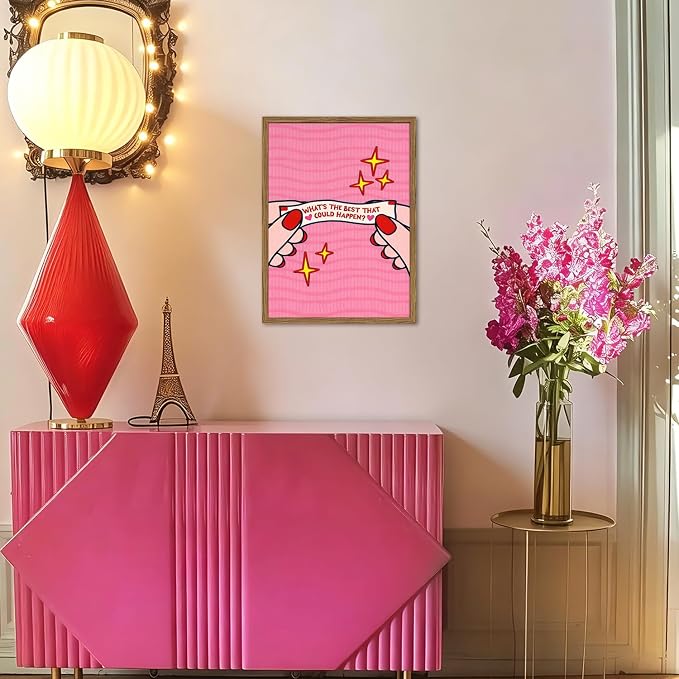 What's the Best That Could Happen Wall Art Positive Quote Poster Canvas Print Pink Preppy Dorm Room Decor Inspirational Fortune Cookie Wall Decor for Bedroom Office 12x16 inch Wood Framed