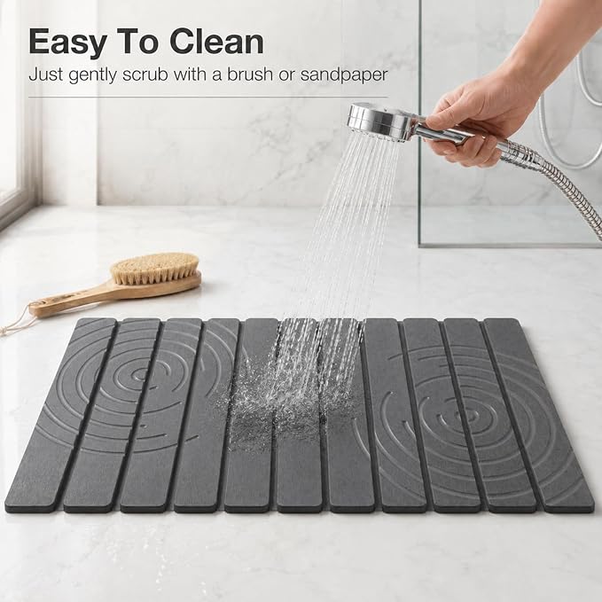 Foldable Stone Bath Mat, Non Slip Large Diatomaceous Shower Mat, Super Absorbent Quick Drying Stone Mat for Bathroom Kitchen Floor Counter Sink ,Easy to Clean & Store (32" x 16" Ripple Circle)