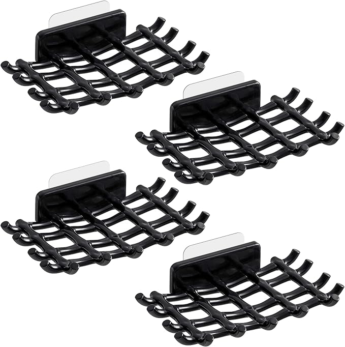 Shower Soap Holder for Wall, Adhesive Bar Soap Dish with Self Draining Grid, Side Hooks and No Drilling Mount, Black, 4 Pack