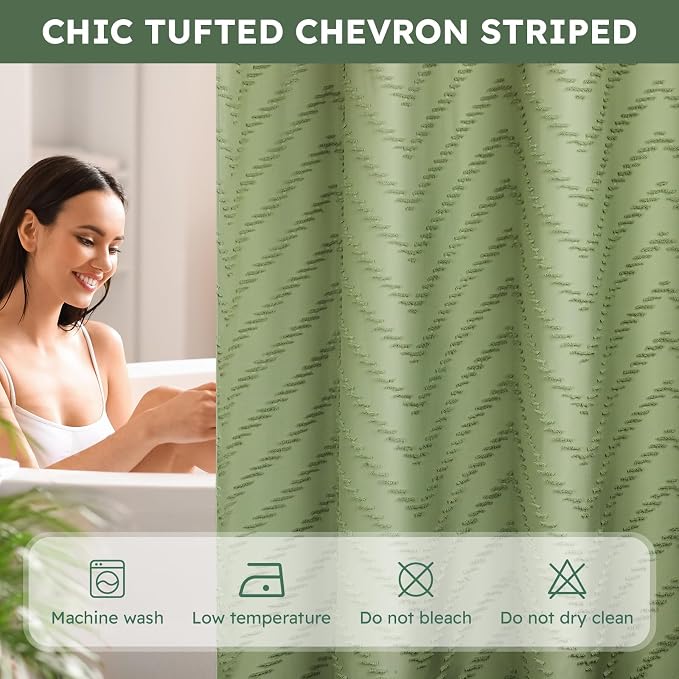 FADOTY Green No Hook Shower Curtain Set with Snap in Liner, 71'' x 86'' | Bathroom Hotel Fabric Curtain, Waterproof Washable Liner, See Through Top Window, Ringless Chevron Tufted Cloth Curtain