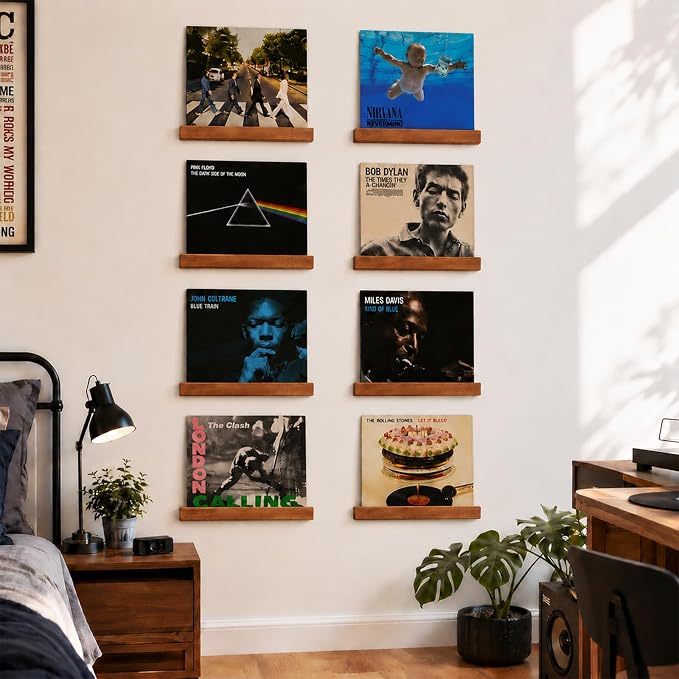 8-Pack No-Drill Vinyl Record Shelf Wall Mount Record Display Shelf | 12 Inch Wood Floating Record Shelf for LP Album Display,Vinyl Record Holder for Bedroom Living Room Music Room Decor
