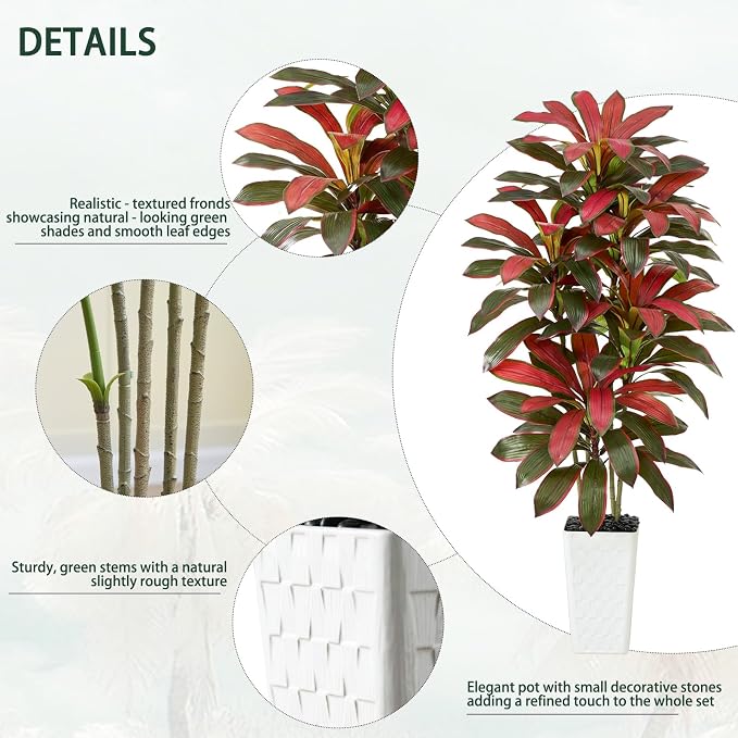 Artificial Red Dracaena Tree Indoor, 6FT Tall Fake Floor Plants with White Planter & Pebbles, Faux Silk Yucca Tree for Home Office Living Room Bedroom Farmhouse Modern Outdoor Topiary Tree
