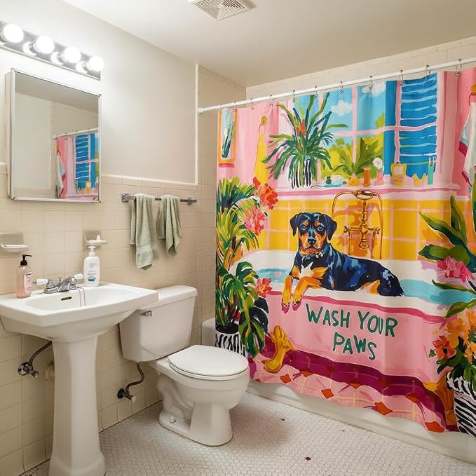 Accnicc Funny Dog Shower Curtain Boho Cute Rottweiler Shower Curtains for Bathroom Green Tropical Plants Pink Bathtub Matisse Decorative Unique Waterproof Fabric Bath Curtain Decor 72 X 72 Inches
