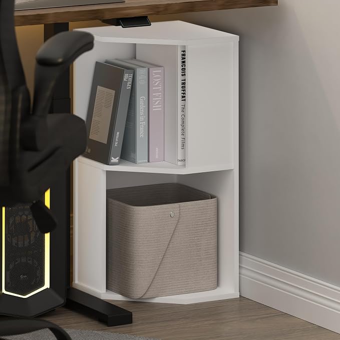 Furinno ECON Corner Shelf, 2-Tier Corner Book Shelf, Standing Storage Shelves, Cube Display Rack, Bookshelf, for Organization and Storage, Living Room, Home Office, White