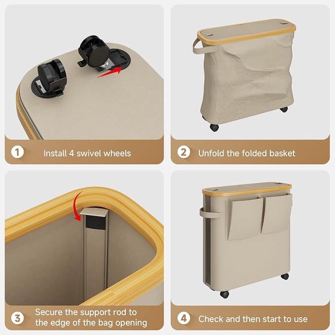 Toilet Paper Storage Basket with Lid, Bathroom Toilet Paper Holder, Khaki | Bathroom Toilet Paper Organizer for 9-12 Rolls Large Capacity, Foldable Fabric Bamboo Toilet Paper Container with Pockets