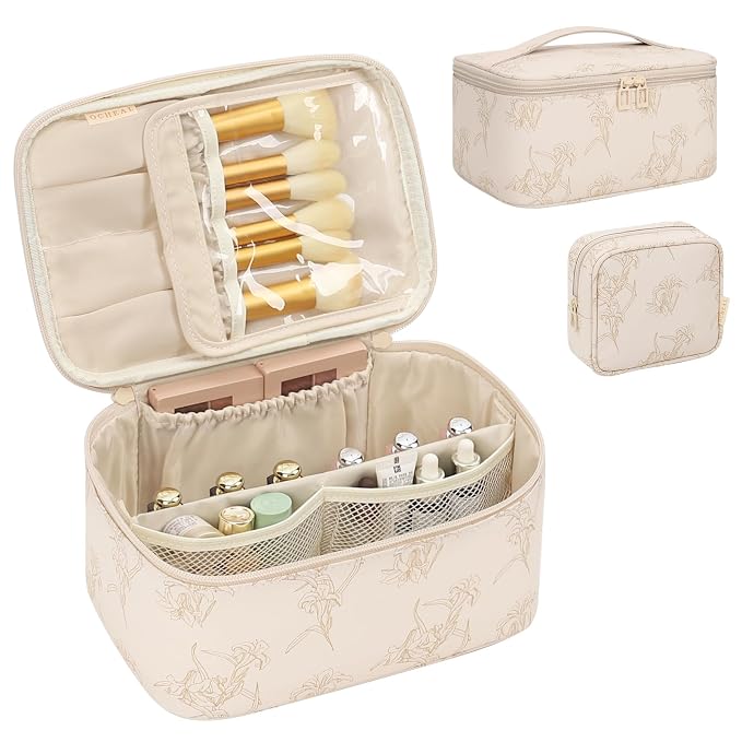 Makeup Bag Set, Portable Travel Makeup Bags Cosmetic Organizer Bag for Women Cute Floral Cosmetic Pouch Large Capacity Make up Bag PU Leather Toiletry Bags with Divider and Handle-Beige