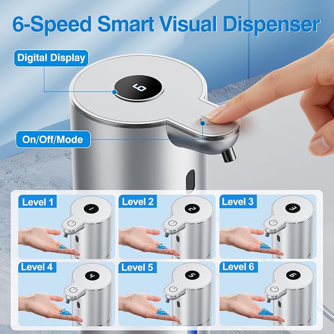 Fachixy Automatic Liquid Soap Dispenser Touchless, Smart Digital Display | 12.8oz/380mL, Up to 90 Days Battery Life, 6 Adjustable Level, Rechargeable, Wall Mountable IPX5 for Kitchen & Bathroom,Silver