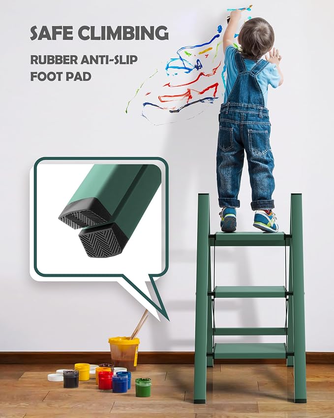 Taranta 3 Step Stool Foldable,Aluminum Step Ladder-Green | Lightweight,Wide Anti-Slip Pedals,Folding Step Stool,330lbs Capacity Stepladder for Household,Kitchen,Office