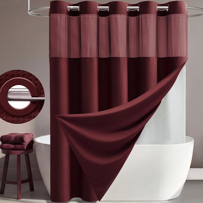 Burgundy Hook Free Waffle Shower Curtain & Snap Fabric Liner,72x87 | Less Time to install, 3 in 1 Fabric Shower Curtain and Liner Set with Magnets, Extra Long, Shower Curtains for Bathroom