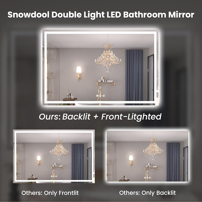 Snowdool 48 x 40 in LED Bathroom Mirror, Front and Backlit, Anti-Fog | Front and Backlit, 3 Color Temperatures, Anti-Fog, Tempered Glass