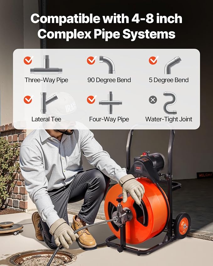 VEVOR 100FT x 3/4 Inch Drain Cleaner Machine Sewer Auger Auto Feed with 4 Cutter & Air-Activated Foot Switch for 4" to 8" Pipes, Orange, Black