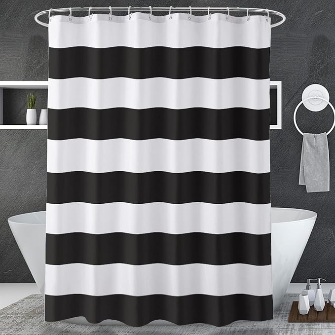 AmazerBath Black and White Shower Curtain Cloth, Striped Shower Curtain Fabric with 2 Heavy Stones, 72" W x 72" H