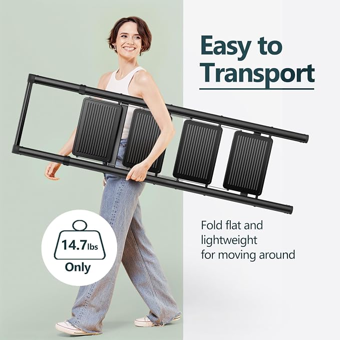4 Step Foldable Step Stool with Handrail, 330lbs Load, Black | Folded 58'' H x 3'' T; Net 14.8 lbs; Anti-Slip Feet Grip Wood, Tile, Carpet; Wide Pedals; For Shelves, Repairs.