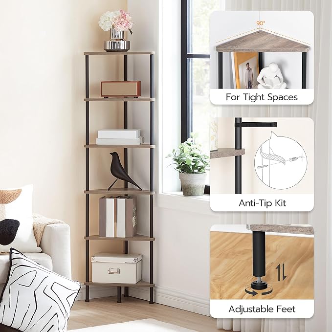 HOOBRO Corner Shelf Stand, Industrial 6-Tier Corner Bookshelf with Metal Frame, Plant Display Shelf, Bookcase for Small Spaces, Living Room, Greige and Black BG36CJ01