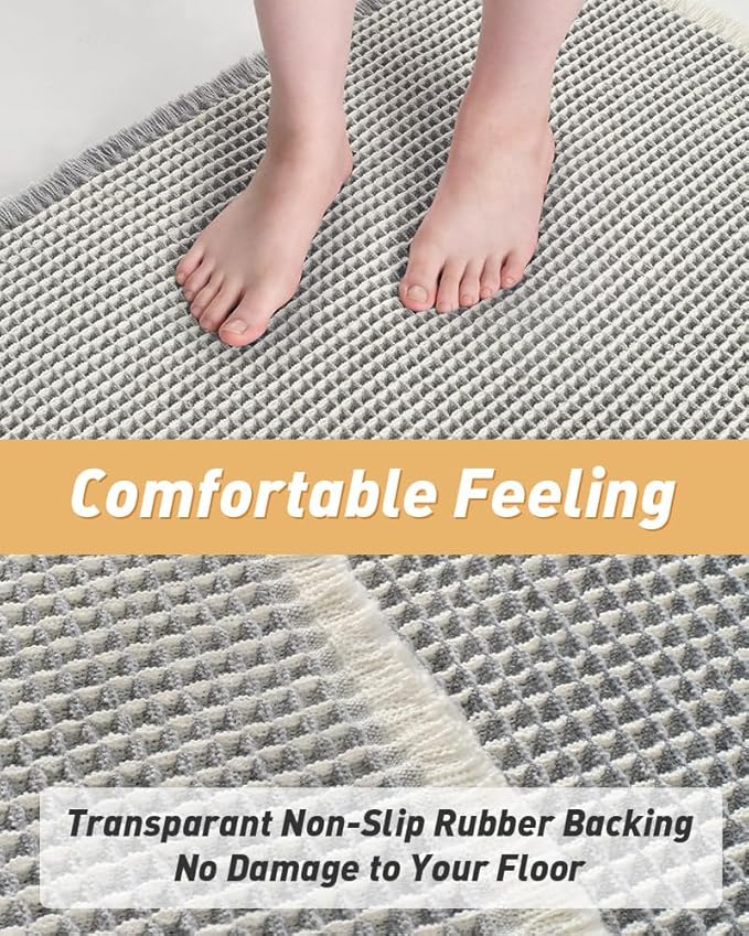 Upgraded Waffle Bath Mat, Super Absorbent Non Slip Bath Mats for Bathroom Floor, Machine Washable Bathroom Rugs with Tassels, Rubber Backed Bathroom Mats, Ultra Soft, 20" x 32",LightGrey & Cream
