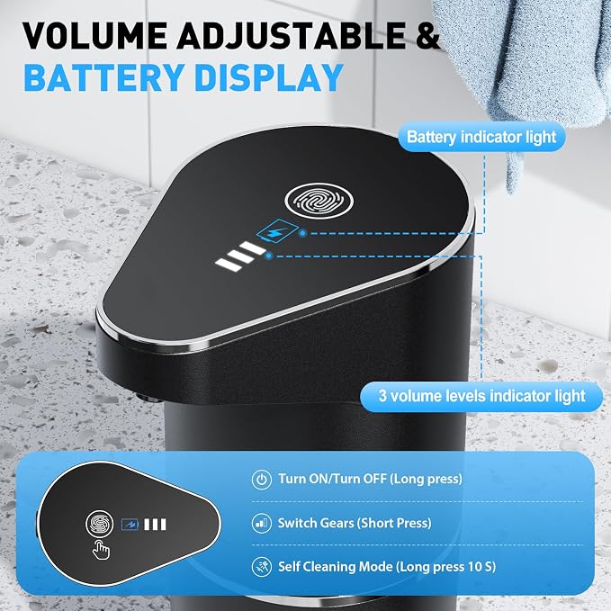 Fantictas Automatic Liquid Soap Dispenser, 3 Levels for Kitchen and Bath | For Hand and Dish Soap, Responsive Sensor, Type-C Charging, 90-day Use, Wall Mountable, IPX5 Waterproof, 350ML, Black Gel