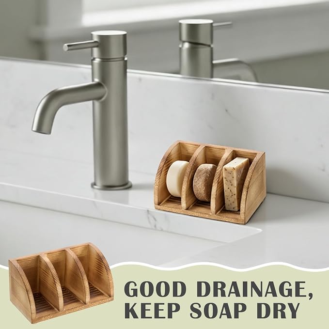 Wooden Shampoo Bar Holder Multi Bar Soap Dish with Self Draining, 3 Slot, Natural Wood Soap Holder for Shower Conditioner Bathroom Organizer, Extend Shampoo Life, Keep Dry Neat
