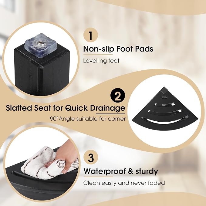 Apolimi HDPE Corner Shower Stool,Shower Bench Seat with Storage Shelf for Shaving Legs Plastic Spa Bath Step Foot Rest for Bathroom Small Place (Black)
