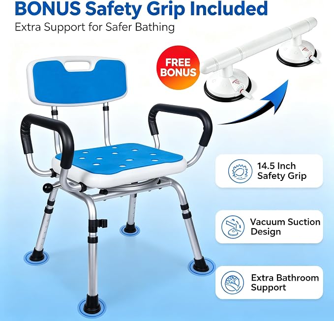 Swivel Shower Chair with Handle 500lbs Capacity Adjustable Arms & Back | 360° Swivel, 5-Level Height Adjust, Non-Slip Feet, Tool-Free Assembly With Extra Suction Bath Grab Bar