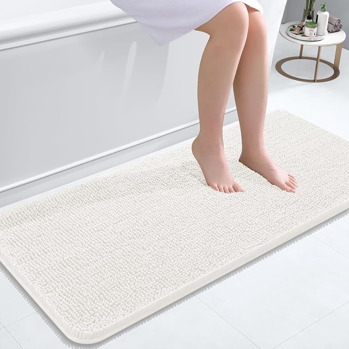 OLANLY Bathroom Runner Rugs 47x20, Extra Soft Absorbent Chenille Bath Rugs | Ivory, Quick-Drying Rubber Backing, Machine Washable Long Bath Mat for Bathroom Floor, Tub and Shower, Home Decor Accessories