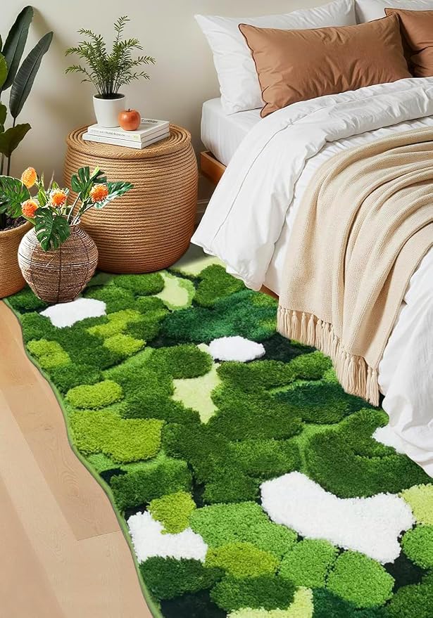 Hifuwan Cute Green Moss Bathroom Runner Rugs 24x60, Plant Leaves Bath Mats | Extra Large, Shaggy, Non Slip, Absorbent,Machine Washable Shower Mats for Kitchen Bedroom Sinks Cottagecore Decor