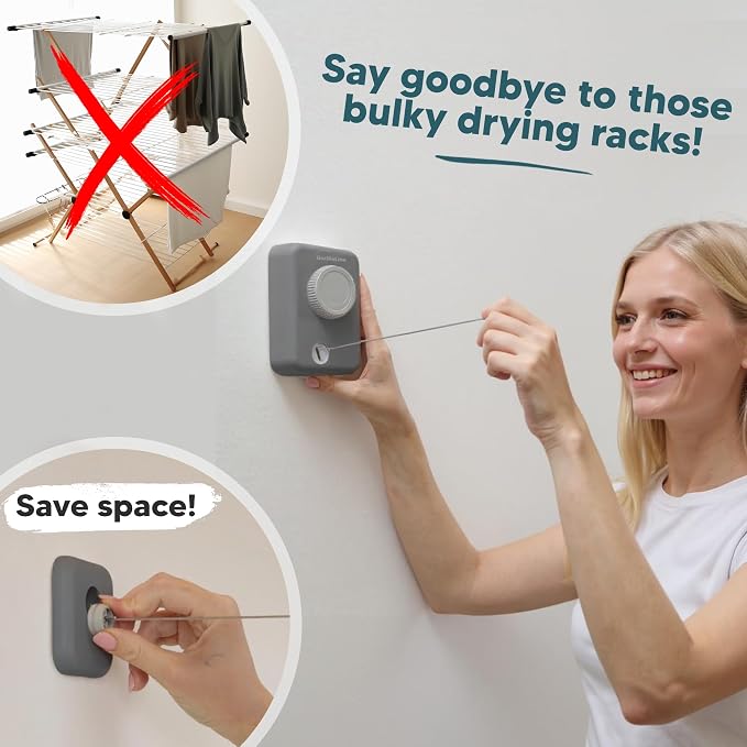 Max – Retractable Clothesline Indoor Outdoor, Non-Sagging Heavy Duty Clothes Drying Line, Wall Mounted Drying Rack, Air Dry Clothing, Max Tighten with GorillaGrip