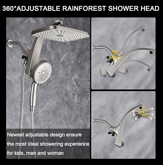 12" High Pressue Rain Shower Head with Handheld, 9 Sprays Hand Showerhead | Shower Heads with Handheld Spray Combo, Dual Head, Built-in Magnetic Docking, Power Jets, 59" Shower Hose, Nickel 1.8GPM
