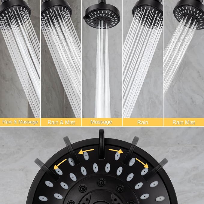 AISOSO High Pressure Rain Shower Head 5 Modes Showerhead 4.1" Matte Black | Low Water Pressure Compatible, Powerful Spray Fixed Showerhead for a Relaxing Indoor & Outdoor Shower